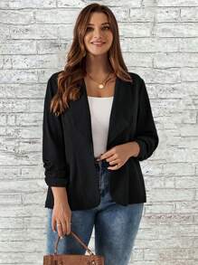 EMERY ROSE Plus Shawl Collar Open Front Blazer - Blue - View 6