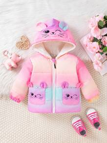 女婴连帽棉衣外套，2024年新款，温暖，舒适，可爱，防风 - 彩色 - 查看 1