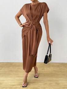 SHEIN Clasi Elegant Solid Color Drop-Shoulder Round Neck Tie Waist Bodycon Dress For Women - Coffee Brown - View 4