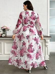 Modelyn 加大码长袖随机花卉印花连衣裙，优雅礼服，适合婚礼宾客/场合/仪式/晚会，长款晚礼服，女士秋季服装 - 粉色 - 查看 2