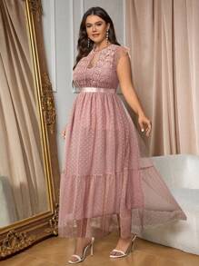 SHEIN Belle Vestido de línea A de malla con dobladillo de volante superpuesto de malla para tallas grandes - Rosa vieja - Ver 5