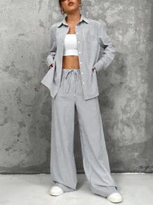 SHEIN EZwear 女式长袖条纹衬衫和裤子两件套 - 藍白色 - 查看 10