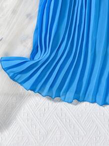 SHEIN 青少女藍色百褶淑女裙，肩帶上帶有3D花卉裝飾 - 藍色 - 查看 5