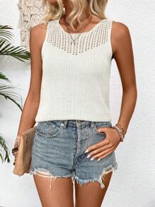 SHEIN LUNE Solid Sleeveless Pointelle Knit Top - White - View 4
