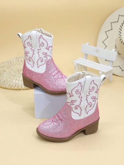 Girls' Embroidered High Heel Boots, Western Cowboy Boots, Pointed Toe, Side Zip, Mid-Calf/High Tube