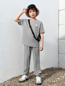 SHEIN Tween Boy Letter Patched Detail Tee & Joggers - Grey - View 5