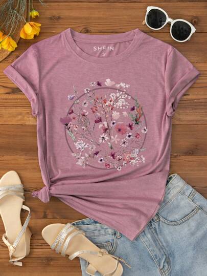 INAWLY Floral Print Tee For Summer Graphic Tees Women Tops
