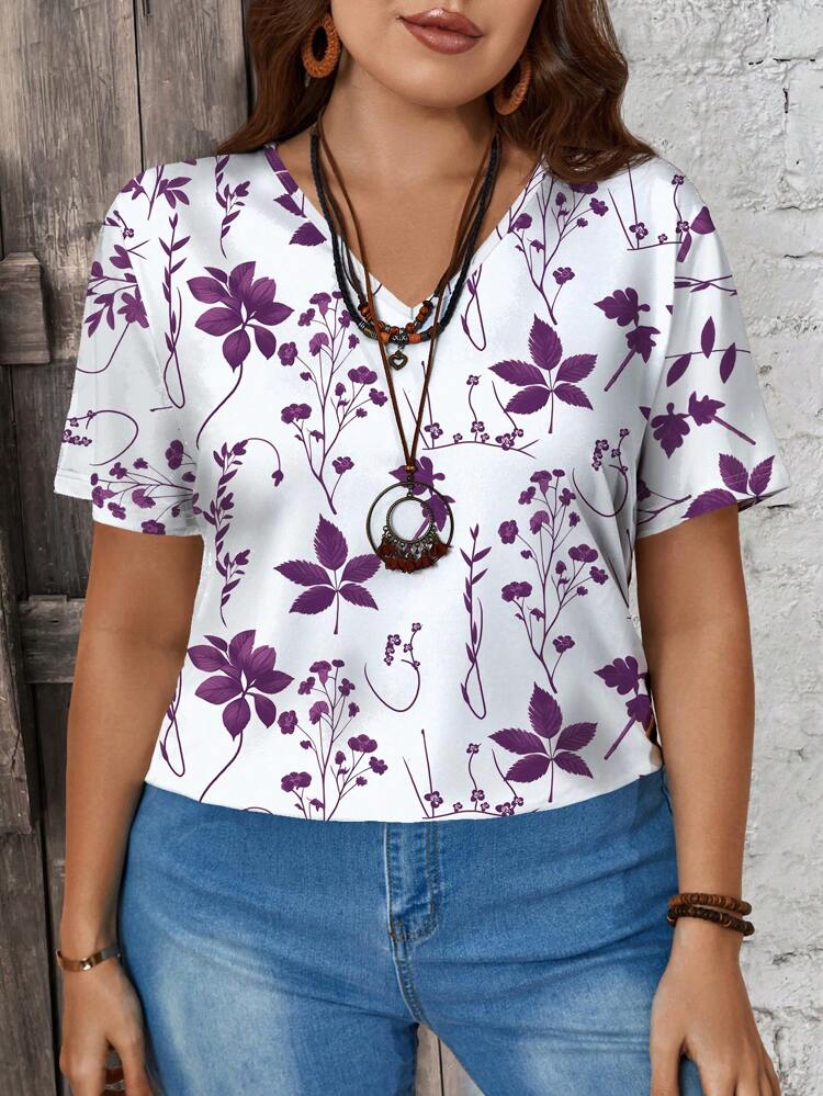 Summer Casual V-Neck Silhouette Floral Printed Women's Plus Size T-Shirt