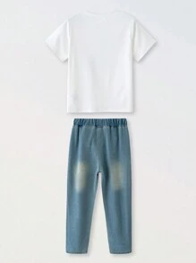 SHEIN 2入組男孩休閒簡約英文字印花圓領T恤和牛仔褲套裝，適合旅行，適用於春/夏/秋季 - 白色 - 查看 16