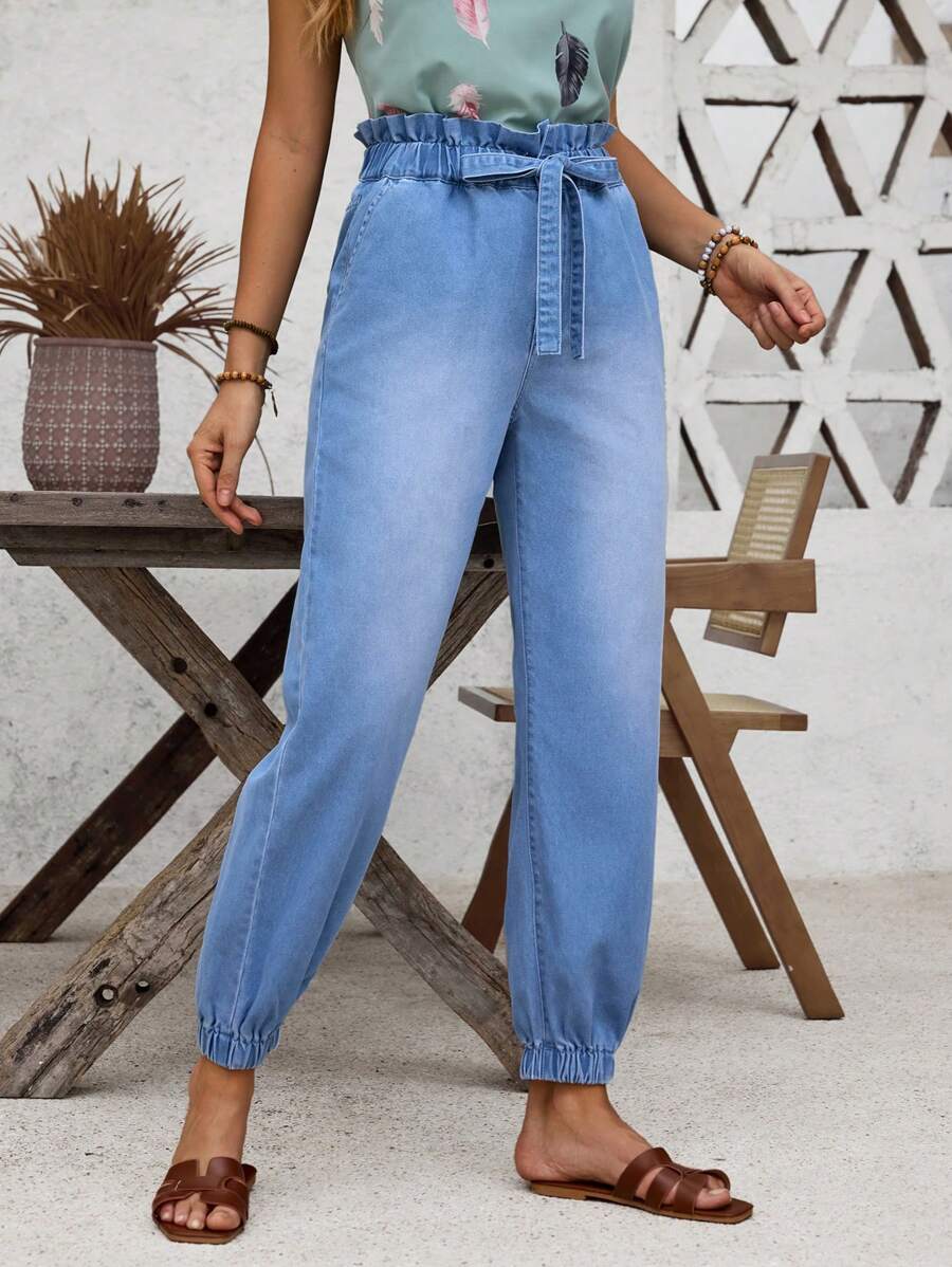SHEIN LUNE Paperbag Waist Belted Jogger Jeans - Blue - View 1