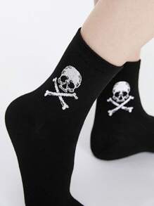 ROMWE Grunge Punk 1對女士白色骷髏頭黑色中筒襪，全季節款式 - 黑色 - 查看 4