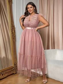 SHEIN Belle Vestido de línea A de malla con dobladillo de volante superpuesto de malla para tallas grandes - Rosa vieja - Ver 6