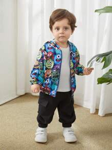 SHEIN Baby Boy Baby Girl Casual Hooded Cardigan With Cartoon Monster Pattern