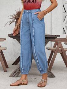 SHEIN LUNE Jogger Jeans mit hohem Bund und ungesäumten Saum - Blau - Übersicht 3