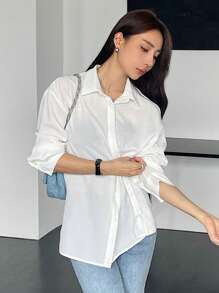DAZY Solid Color Loose Long Sleeve Lapel Slanted Placket Women's Shirt - White - View 4