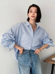 FRIFUL Striped Print Button Front Blouse Long Sleeve Top