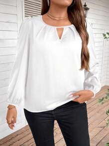 SHEIN Clasi Blusa verde con mangas de linterna y escote redondo con ojal talla grande grande en el cuello - Blanco - Ver 6