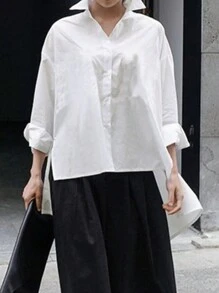 Chiquease 纯色落肩高低下摆女式衬衫，长袖上衣 - 白色 - 查看 5