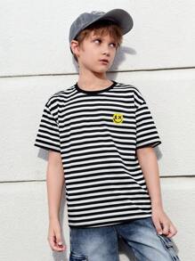 SHEIN 中學男童條紋與卡通圖形下垂肩短袖t恤 - 黑與白 - 查看 1