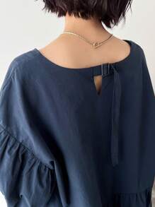 FRIFUL 纯色泡泡袖荷叶边衬衫 - 藏蓝色 - 查看 4
