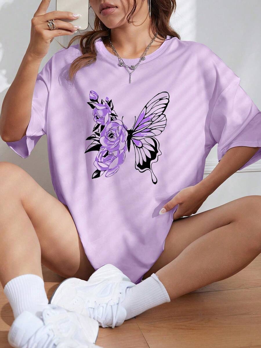 GraphicGems Tween Girl Retro American Style Purple Butterfly Design T-Shirt, mangas curtas, moda verão confortável e desleixada