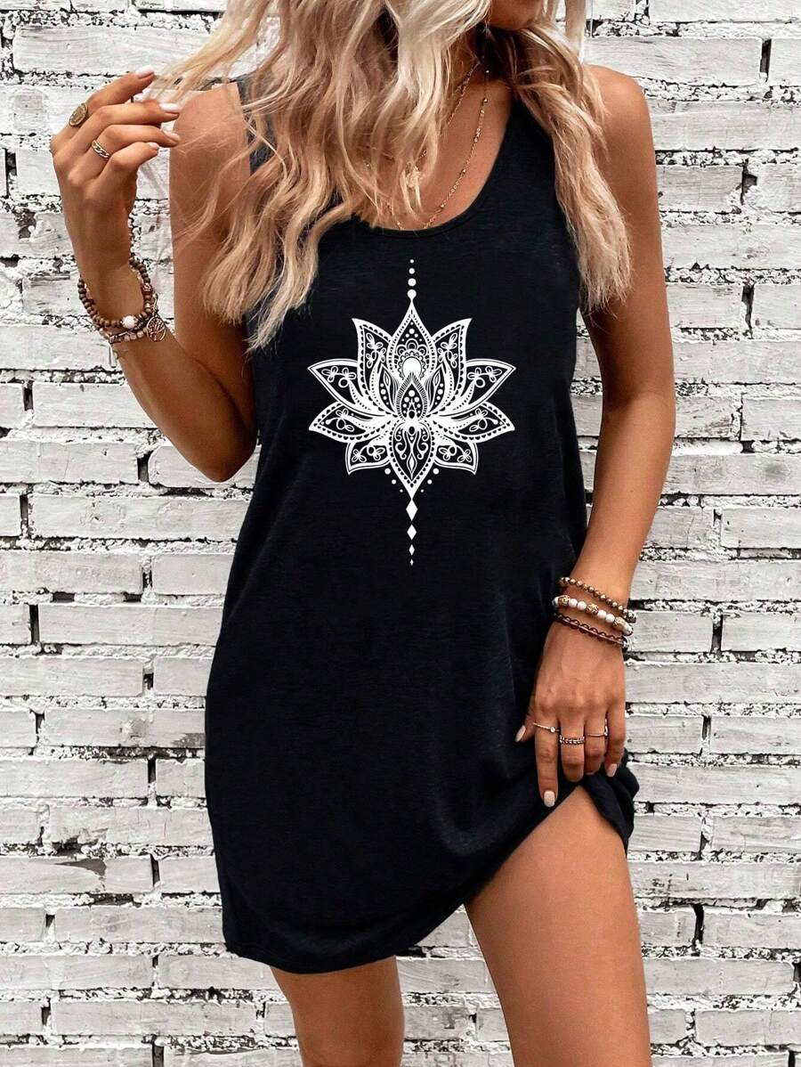 SHEIN LUNE Athleisure Sport: Pride Month Women's U-Neck A-Line Sleeveless Dress With Lip, Rainbow & Colorful Print,Bodycon Dress Beach Women Dresses Festival Outfits ,Casual Dress 4th Of July Outfits T Shirt Dress  Emery Rose Dress Beach , - Black - View 1