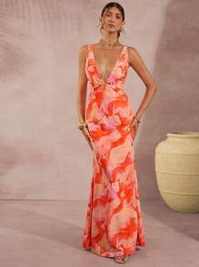 L'Amorae Summer Allover Print Plunging Neck Dress, Women Clothes