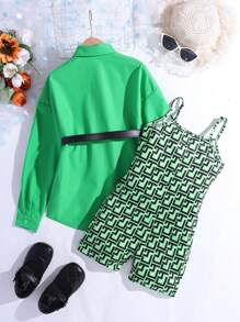SHEIN Tween Girl Casual Spring/Summer Woven Solid Green Shirt And Overall Shorts Set With Straps
