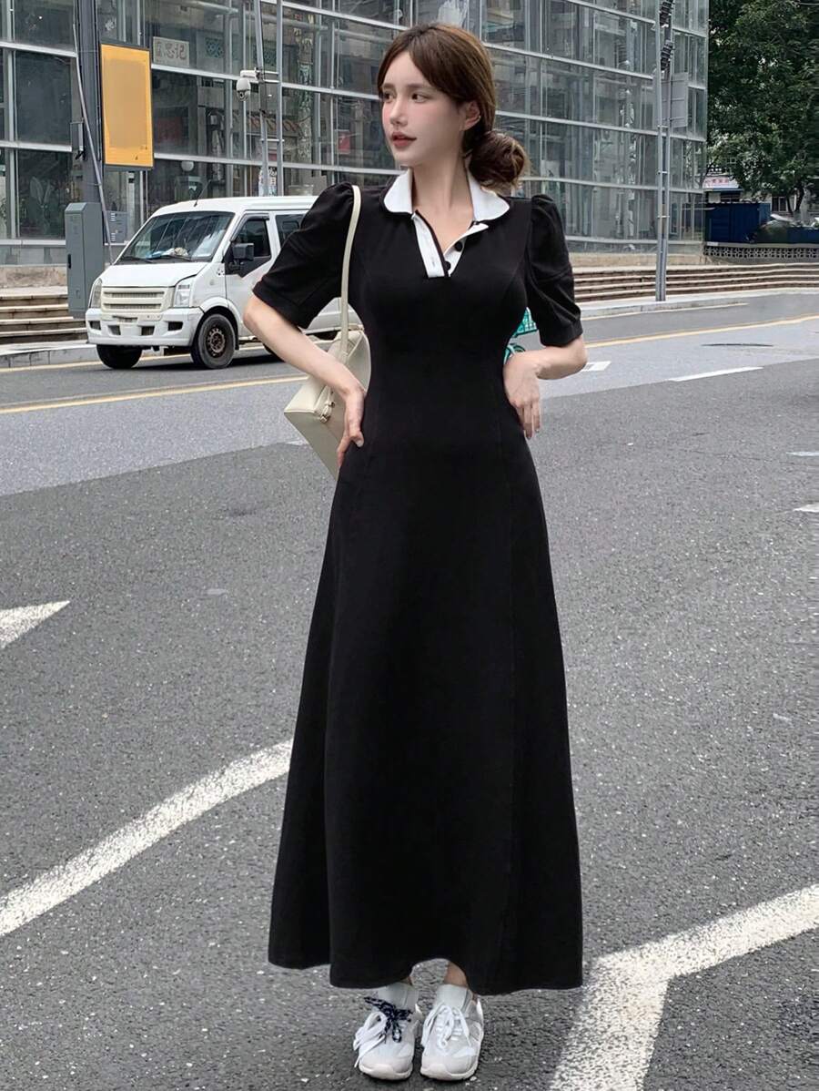 DAZY Women's Casual Colorblock Collar Puff Sleeve Long Dress, Back To School Season Sundress Shirt Dress - Black - View 1