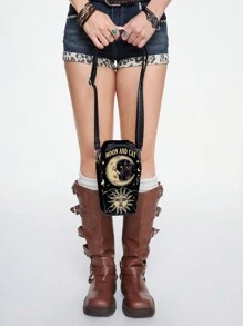 ROMWE Black Gothic Moon And Star Print Coffin Crossbody Bag - Black - View 5