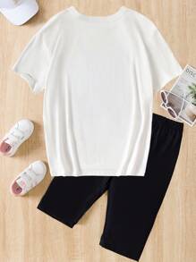 SHEIN Tween Girl Summer Casual Letter Printed Short Sleeve T-Shirt And Leggings Set - White - View 2