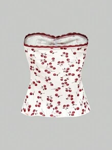 ROMWE Kawaii Casual Yet Sexy Lace & Cherry Patterned Top With Bowknot And Ruffled Elastic Hem For Ladies' Holiday Or Vacation, School