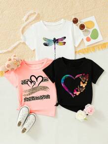 SHEIN 年轻女孩 3 件夏季豹纹心形彩虹蝴蝶复古蜻蜓印花 T 恤套装 - 彩色 - 查看 1