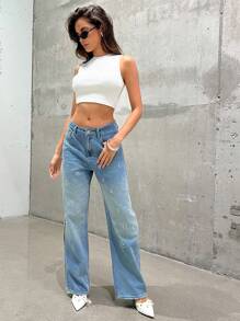 Denimoi 刺繡數字寬腿牛仔褲 - 淺色水洗藍 - 查看 3