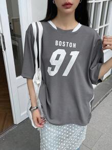 FRIFUL Letter Graphic Contrast Trim Drop Shoulder Tee Oversized T-Shirt - Black - View 6