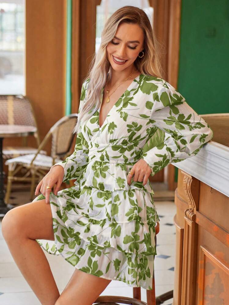 Aveloria Rosie Vestido de manga larga con estampado floral y volantes en el bajo, atuendo de vacaciones para mujer, ropa de otoño para mujeres - Verde - Añade 3