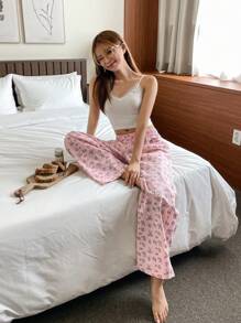 DAZY Pantalones de salón impresos con conejito lindo para mujeres, pantalones casuales para estar en casa - Rosa Pálido - Ver 5