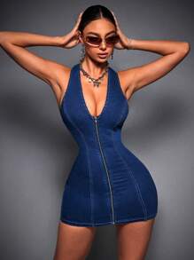 SHEIN ICON 拉鍊包覆修身牛仔裙 - 藍色 - 查看 4