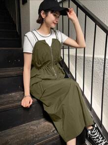FRIFUL Vestido de tirantes de punto con cremallera y cordón en la cintura sin camiseta, vestido de verano