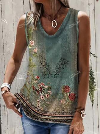 Women's Vintage Floral Print Loose Casual Tank Top Women's Occidental Print Sleeveless Loose Casual T-Shirt