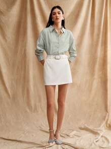 Anewsta Einfarbiger Skort mit Schrägtaschen und Gürtel - Weiss - Übersicht 4