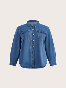 SHEIN CURVE+ Áo Denim Plus Size Không Co Giãn, Mỏng Và Đa Năng - Màu xanh lam - Xem 5