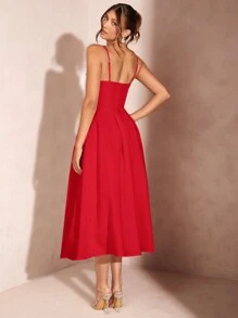 SHEIN BAE 女式束腰肩帶超A字裙中長禮服，白色畢業典禮/婚禮/優雅洋裝 - 紅色 - 查看 2