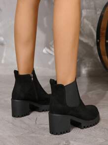 Giày Bốt Nữ Phong Cách Mới Xuân Thu Đông Đen Tối Giản Dây Kéo Bên Hông Mũi Tròn Nêm Gót Đế Dày Giày Da Lộn Giả Chelsea Boots Đến Mắt Cá Chân thời Trang Thoải Mái Giày Bốt Cổ Ngắn Thanh Lịch - màu đen - Xem 6