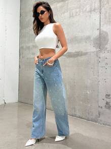 Denimoi 刺繡數字寬腿牛仔褲 - 淺色水洗藍 - 查看 5