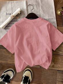 SHEIN EZwear Casual Minimalist English Text Graphic Round Neck Short Sleeve Loose T-Shirt For Women, Summer, Cotton Blend