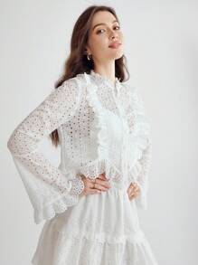 SHEIN Blusa com Babado na Barra da Manga Flare e Bainha Assimétrica - Branco - Visão 7