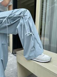 DAZY SHEIN X AYA NAKAMACHI Quần ống rộng lưng thun chắc chắn - Màu xanh lam - Xem 5