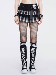 ROMWE Grunge Punk Váy mini kẻ caro phong cách Punk đầu lâu và nơ Y2K cho nữ, eo thấp, đi học - Nhiều màu - Xem 6