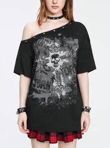 ROMWE Y2K Grunge Punk Spring/Summer Distressed Vintage Loose Drop Shoulder T-Shirt With Asymmetrical Neck, School - Black - View 2